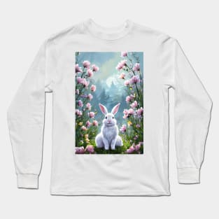 Fluffy white bunny rabbit in the woods with pink flowers Long Sleeve T-Shirt